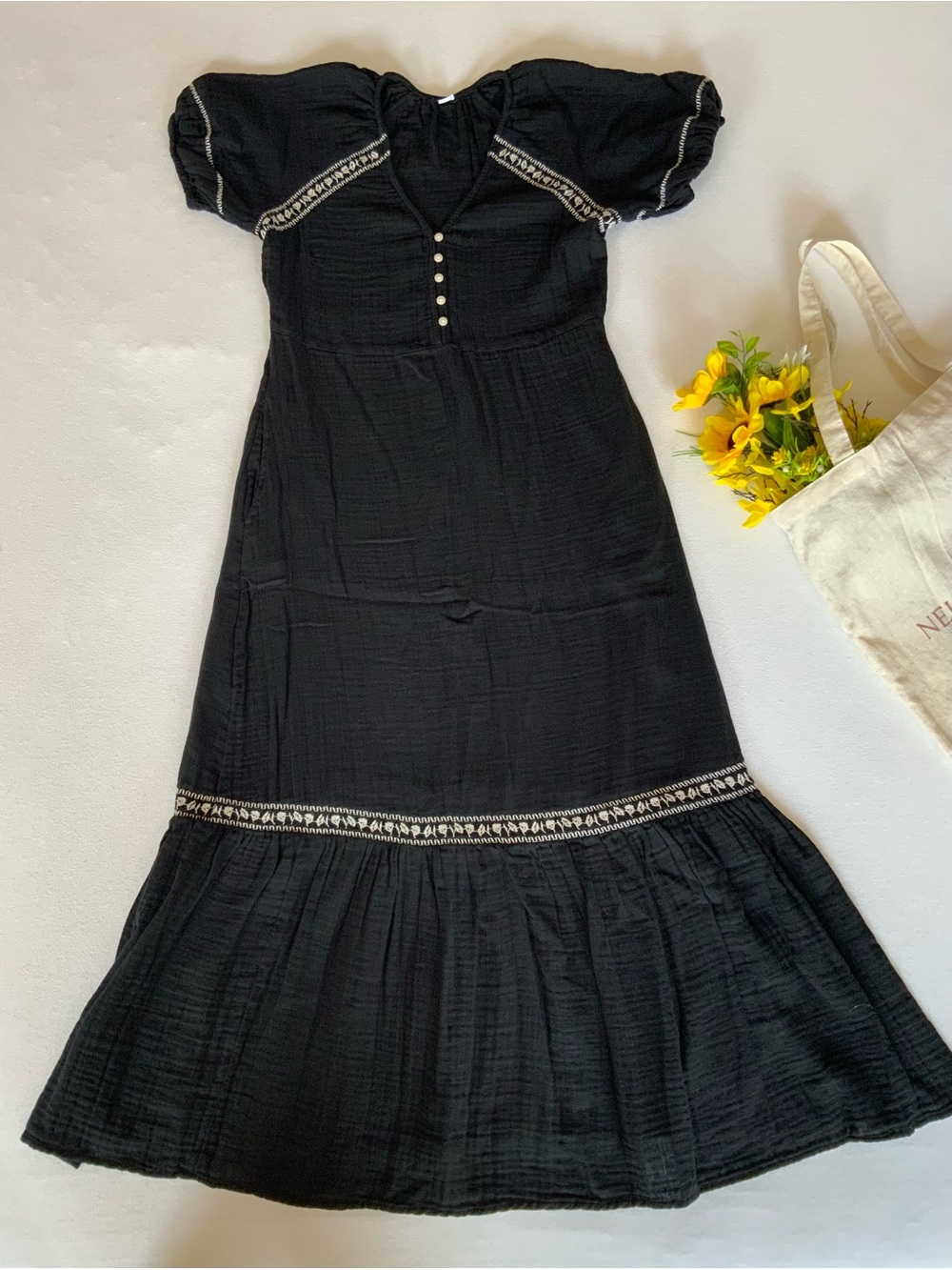 Old Navy Black Embroidered Cotton Maxi Dress Puff Sleeve XS